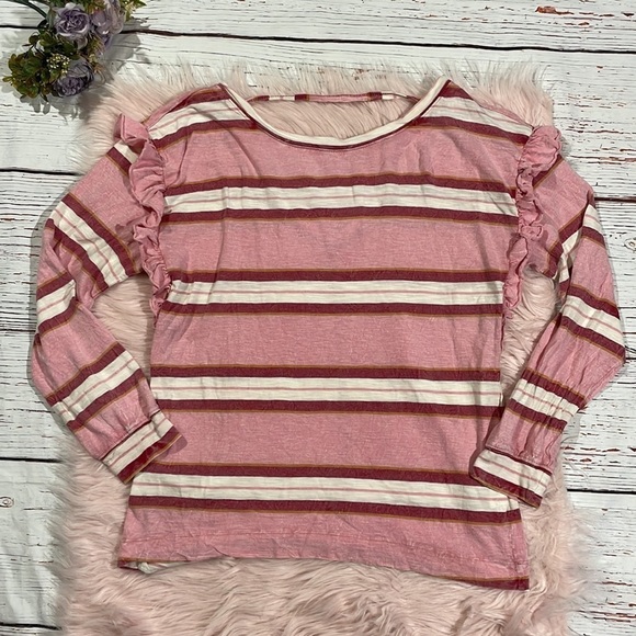 Anthropologie Pilcro Ruffled Open Back Pink Stripe Long Sleeve Cotton Top - Picture 2 of 12